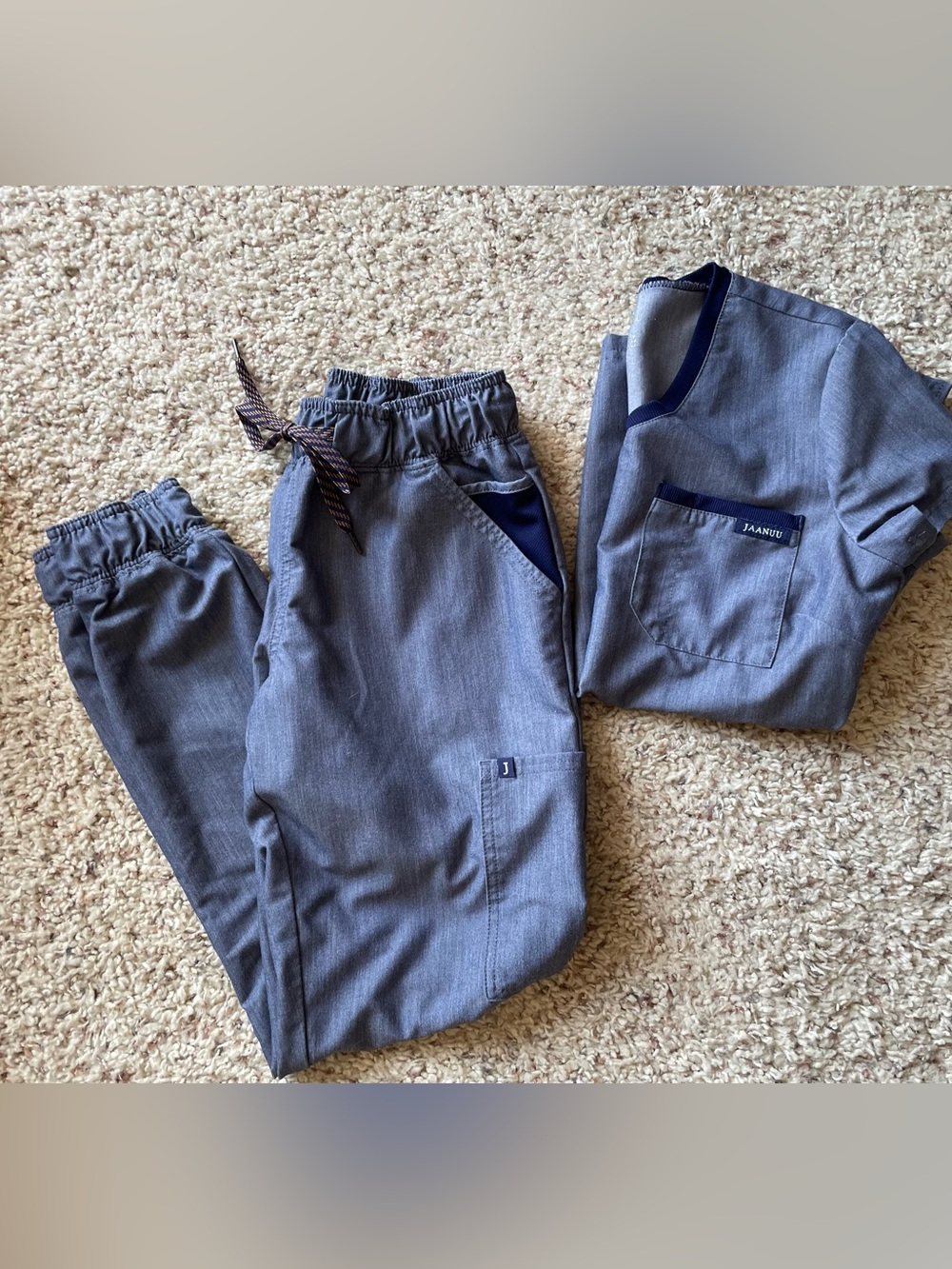 JAANUU Women’s Heather Navy-Trim Jogger Scrub Set Size XS